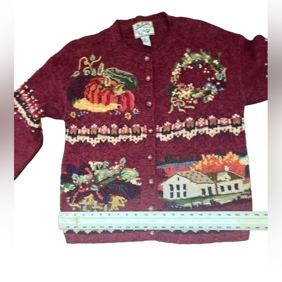 Vintage Heirloom Knit Fall Cardigan Sweater Med Pumpkins Hand Knit 1980s Fall - Picture 11 of 12